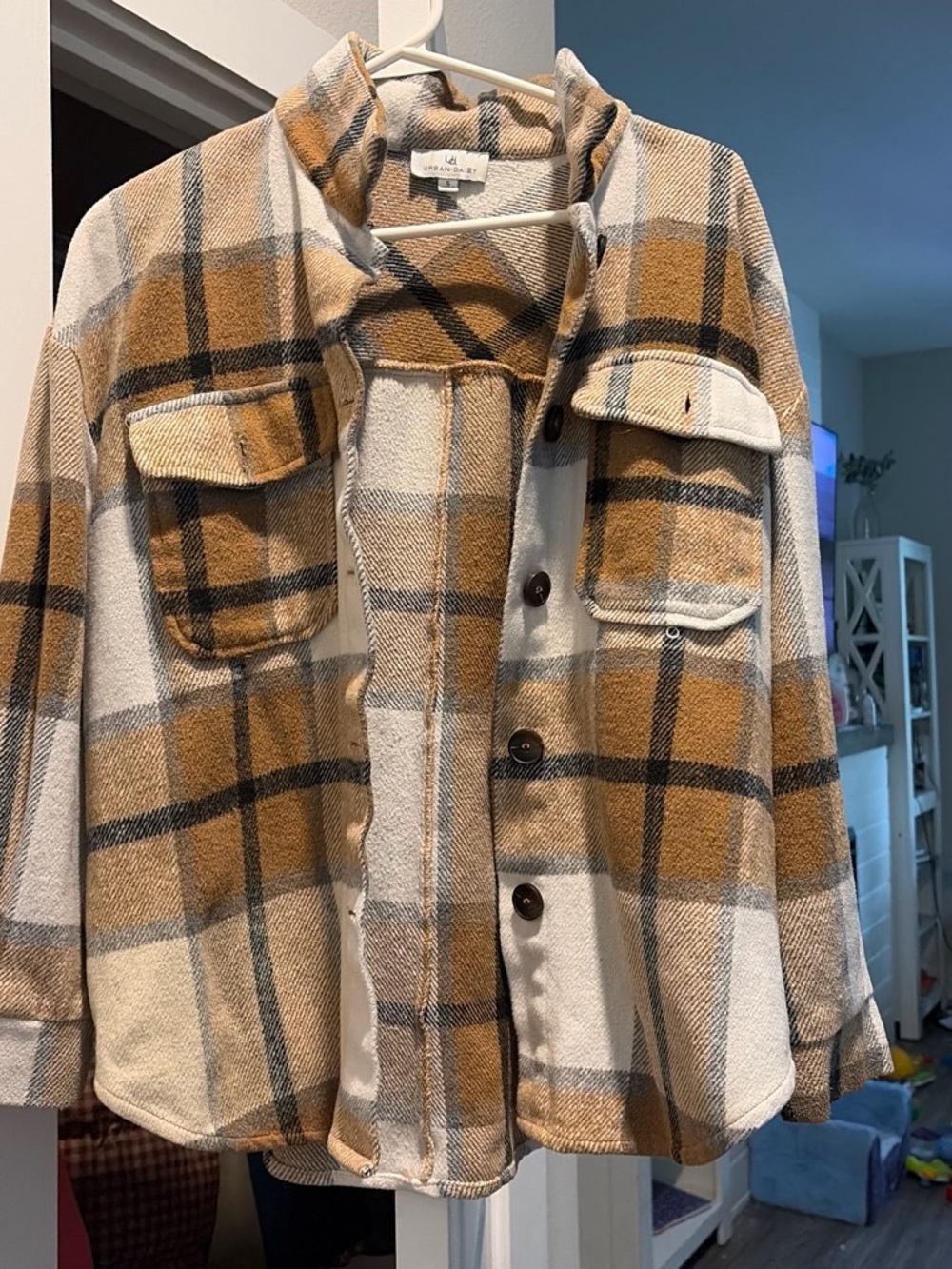 Cozy Plaid Utility Shacket in Camel & Ivory